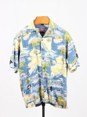 Vintage D'EM CRAZY Blue Alaska Map Cotton Twill Short Sleeve Camp Shirt, Size L
